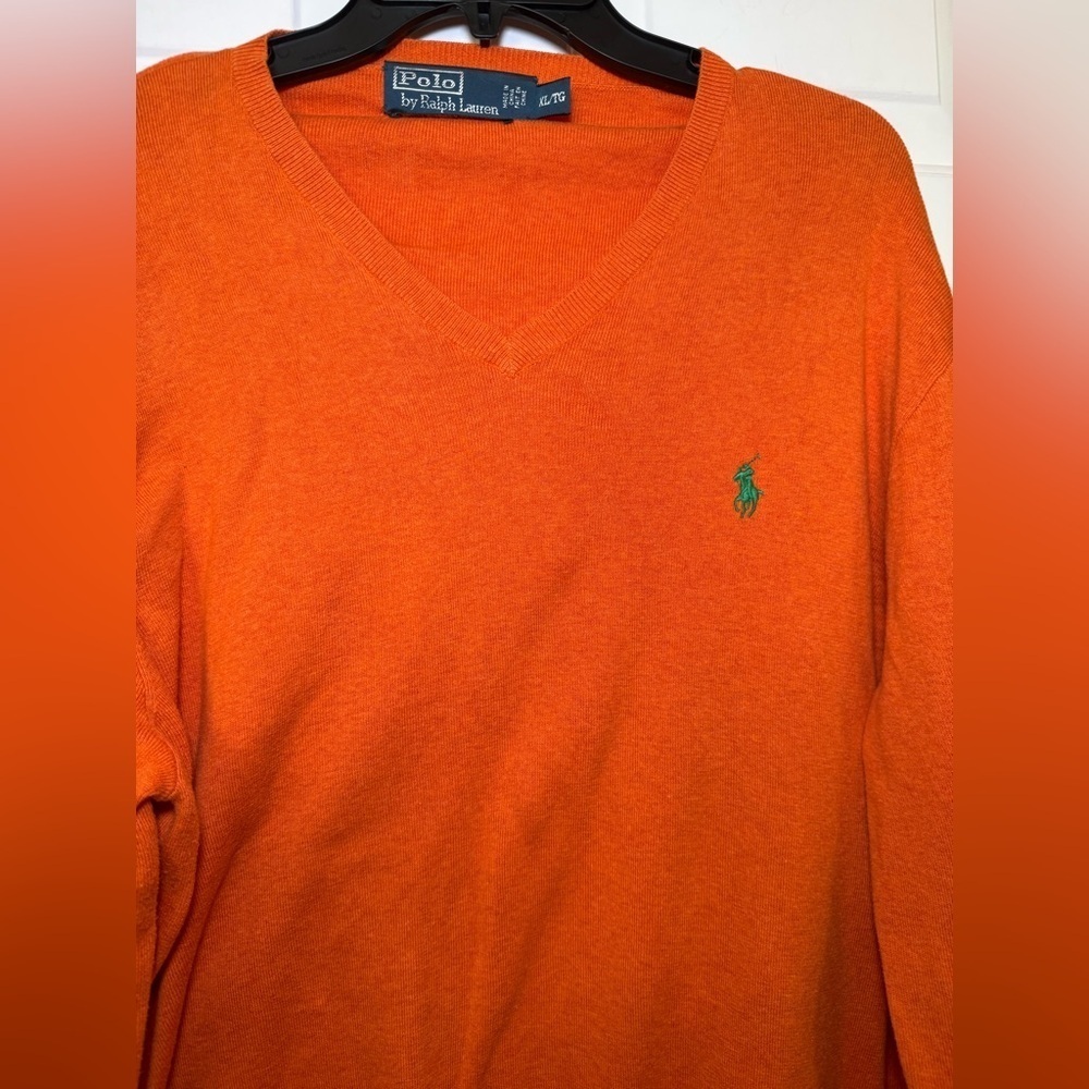 Polo Ralph Lauren Sweater Men's XL 100% Pima Cotton Orange Blue Pony V-Neck EUC - Picture 2 of 9